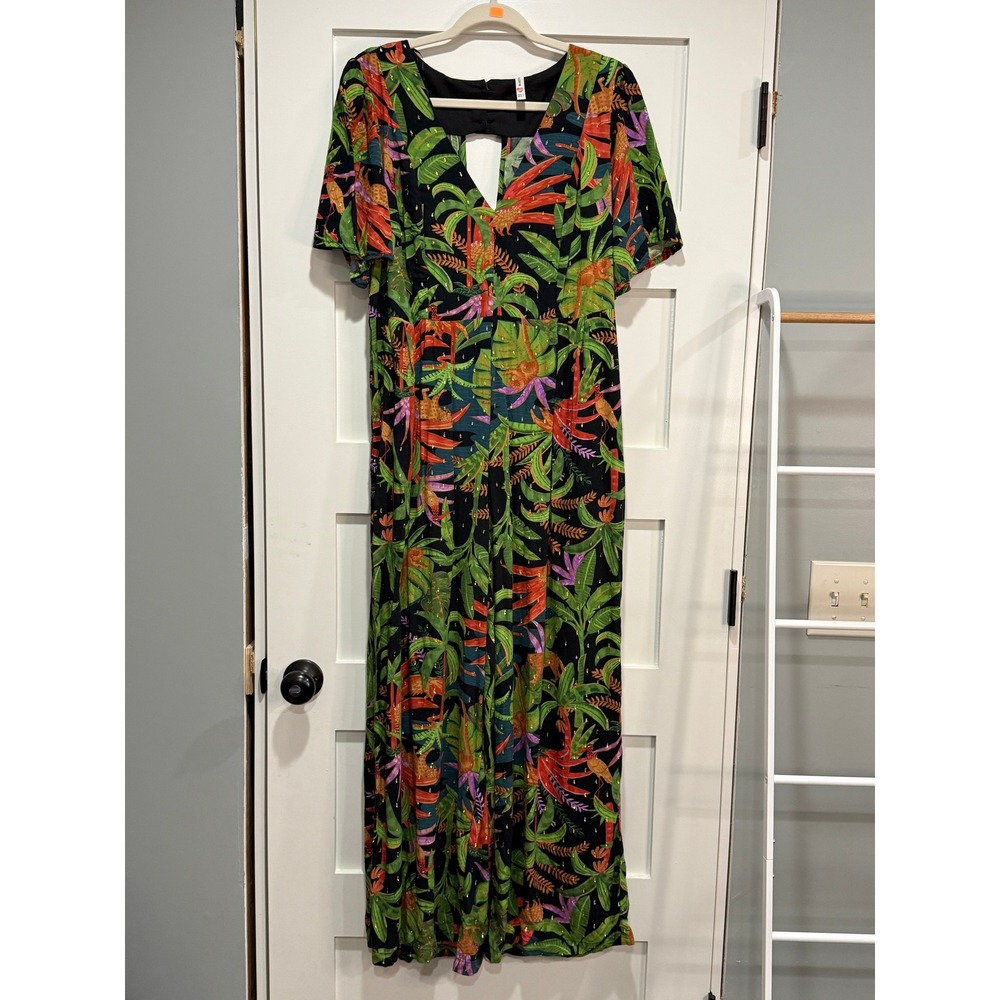 Bluesteel Tropical Jungle Leopard Print Jumpsuit Wide Leg Gold Shimmer L Boho